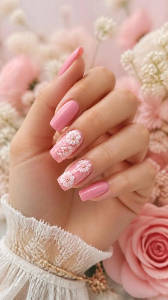 Candy pink acrylic nails decorated with delicate white 3D floral nail art on glossy almond nails.