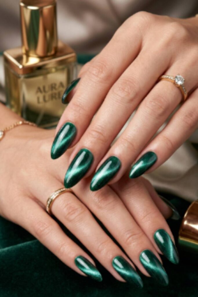 Emerald green cat-eye magnetic Long Nail Designs with shimmering reflective polish on almond-shaped nails.