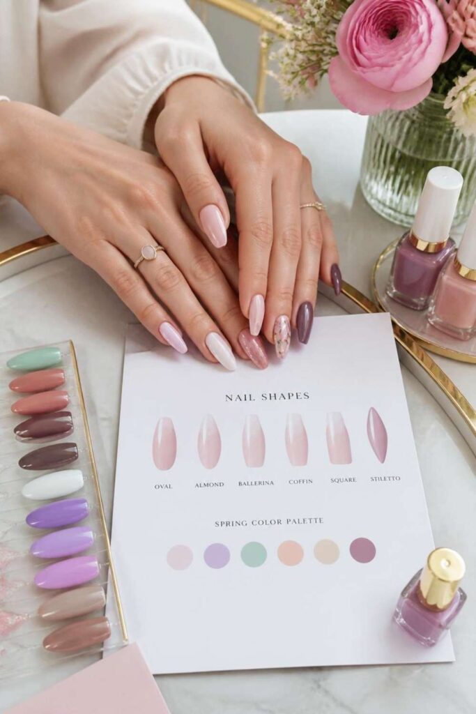 Elegant hands beside nail shape guide and spring color palette for choosing the perfect Long Nail Design.