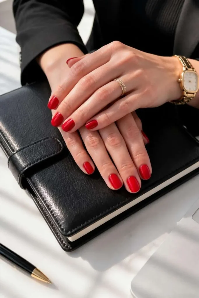 Classic red short professional nails with rounded shape, glossy finish, and clean salon-quality manicure.