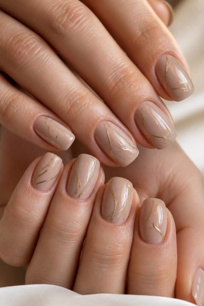 Classy short acrylic nails in neutral beige with delicate scattered gold line nail art.