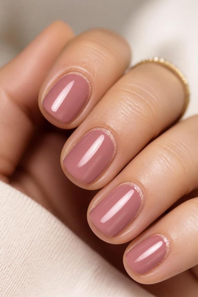 Classy short acrylic nails in dusty rose with subtle micro-glitter cuticle accents and glossy finish.