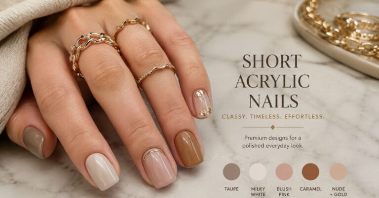 classy short acrylic nailsfeaturing elegant nude, blush, taupe and glossy minimalist manicure ideas for 2026.