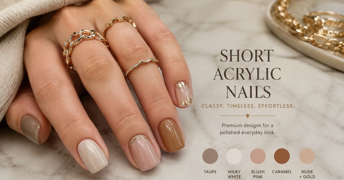 classy short acrylic nailsfeaturing elegant nude, blush, taupe and glossy minimalist manicure ideas for 2026.