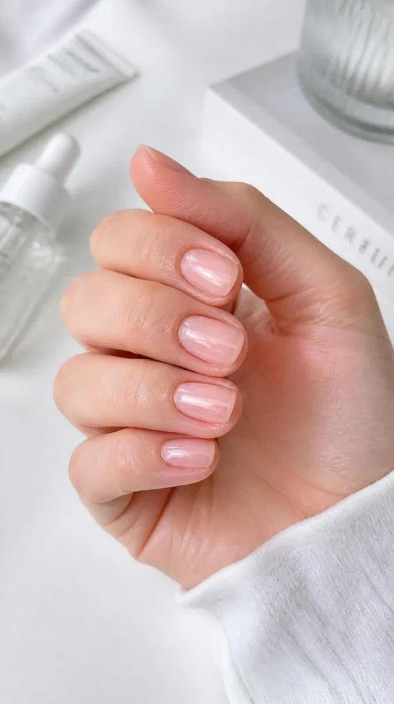 Healthy natural short nails finished with a crystal-clear gel-style topcoat for a glossy clean girl manicure.
