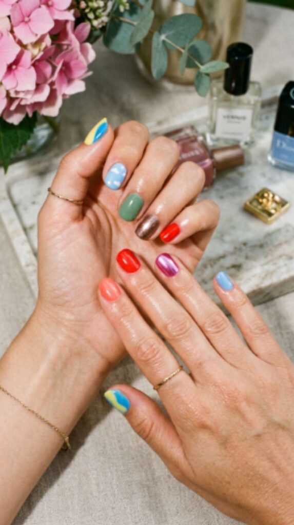 Bright Short Nail Designs featuring skittle nails, sage green, dreamy blue, metallic mocha, chrome pink, and bold red manicures.