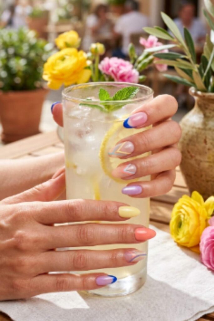 Stylish summer manicure featuring wearable colorful nail designs with glossy gel polish, pastel shades, and modern minimalist nail art.