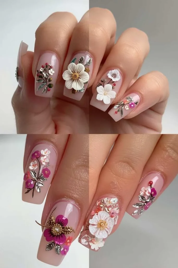 3D Floral Acrylic Nails