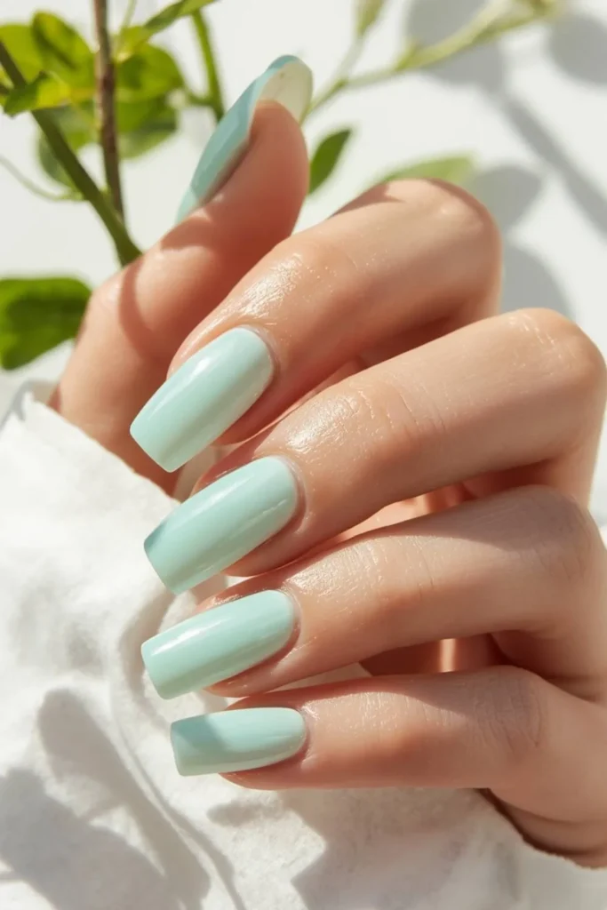 Flat short natural nails coated in a sheer cool mint tint with a glossy topcoat creating a fresh minimalist nail look.