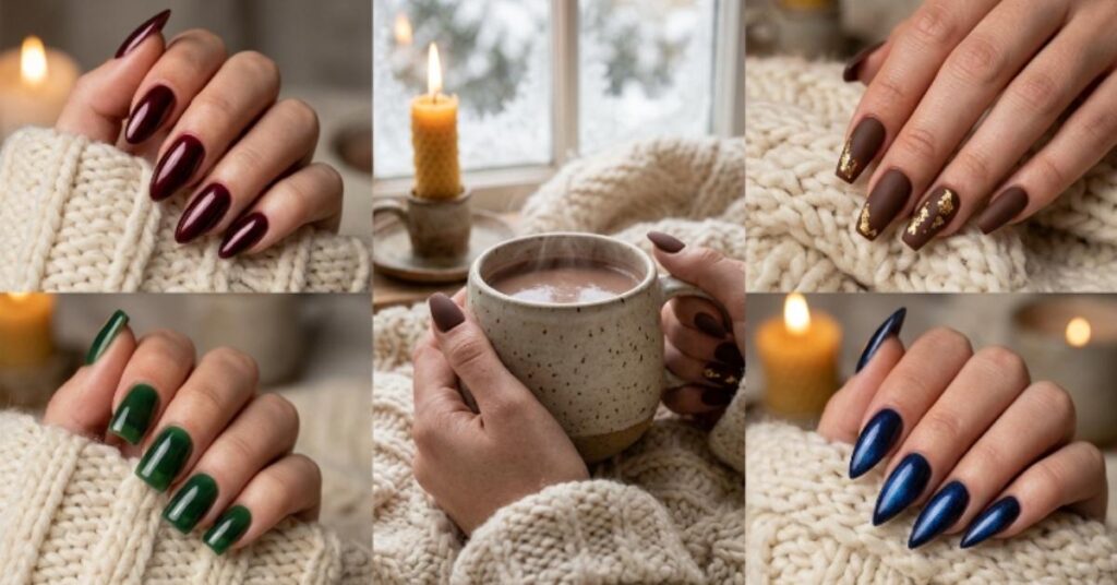 Elegant feminine hands showcasing cozy winter long nail ideas with glazed burgundy, forest green jelly, matte chocolate, and midnight blue manicures beside a warm knit blanket.