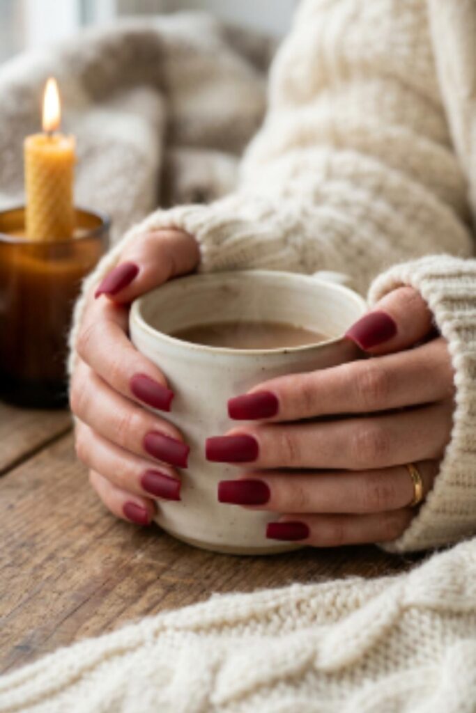 Long square nails painted cranberry red with a smooth matte finish held against a cozy winter sweater.