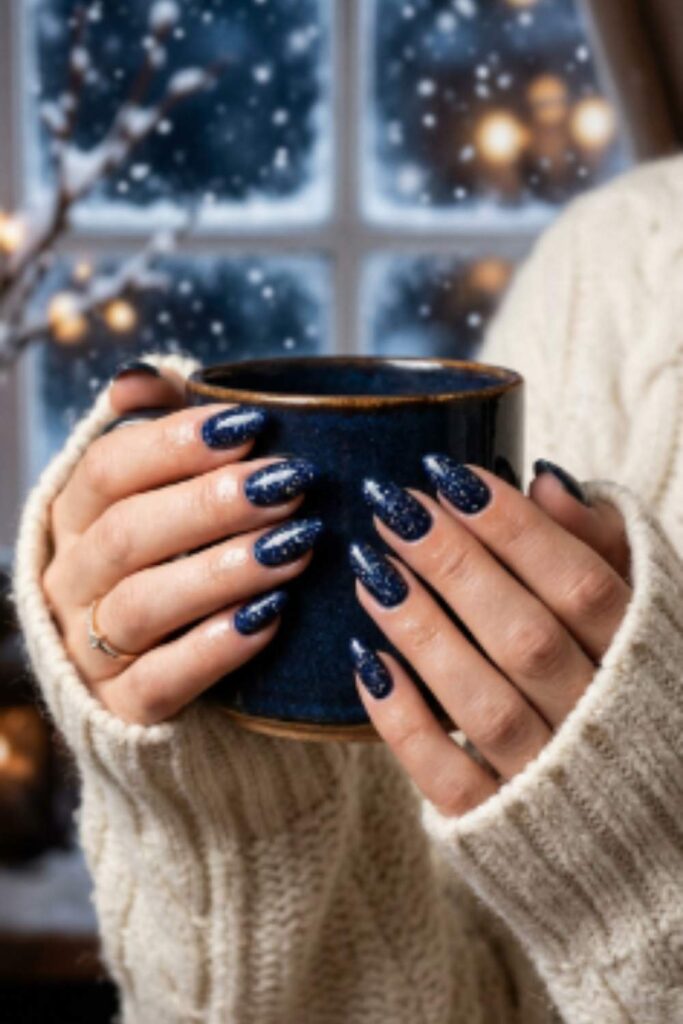 Long navy blue nails with holographic silver flakes creating a sparkling winter night sky effect.