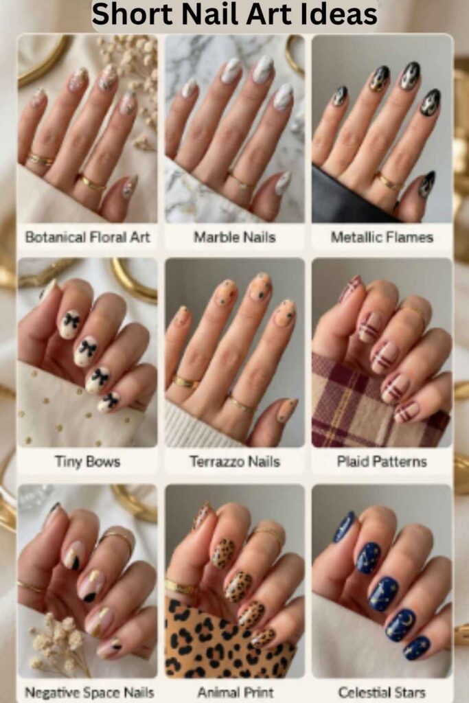 Creative Short Nail Designs featuring floral art, marble nails, metallic flames, terrazzo, bows, animal print, and negative space nail art.