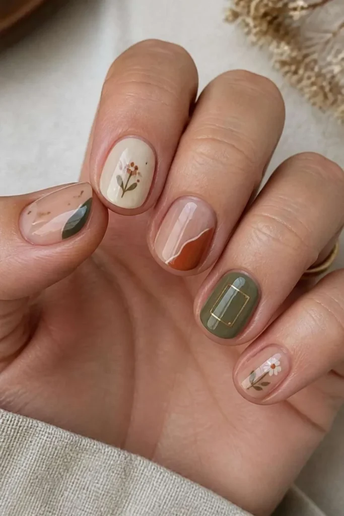 Close-up of short nails featuring curated mismatched short nail designs with earthy tones, fine line art, glossy finishes, and minimalist accent nails.