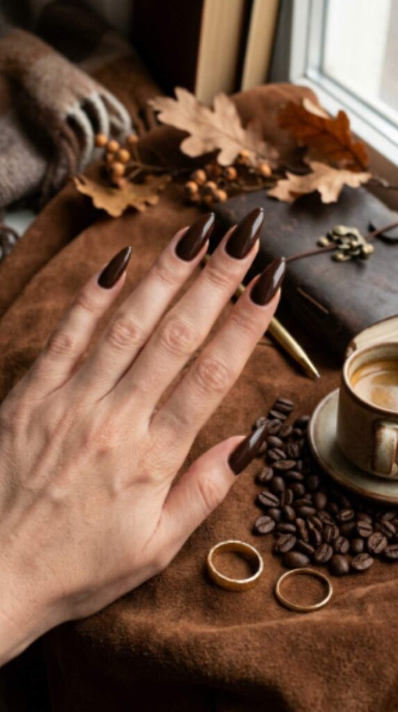 Long glossy dark chocolate stiletto aesthetic brown fall nails with a reflective gel finish in an elegant autumn beauty setting.