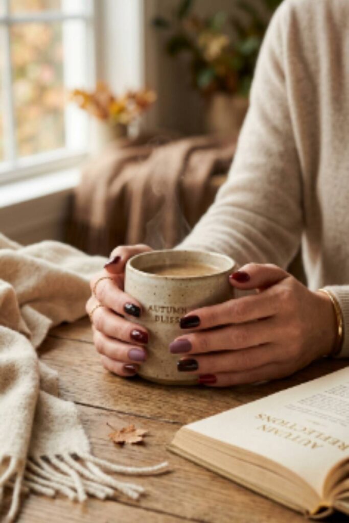 Woman holding a coffee mug with elegant dark romantic fall nails in burgundy, espresso, and smoked plum for everyday autumn style.