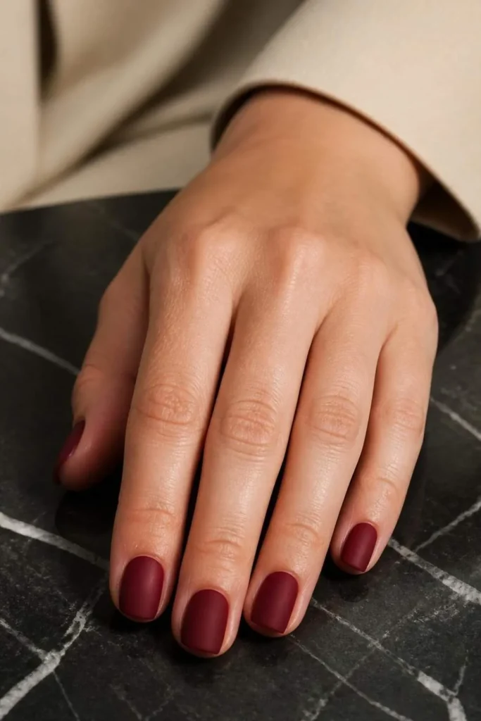 Short squoval professional nails featuring deep burgundy matte polish with a smooth velvet finish and clean salon-quality edges.