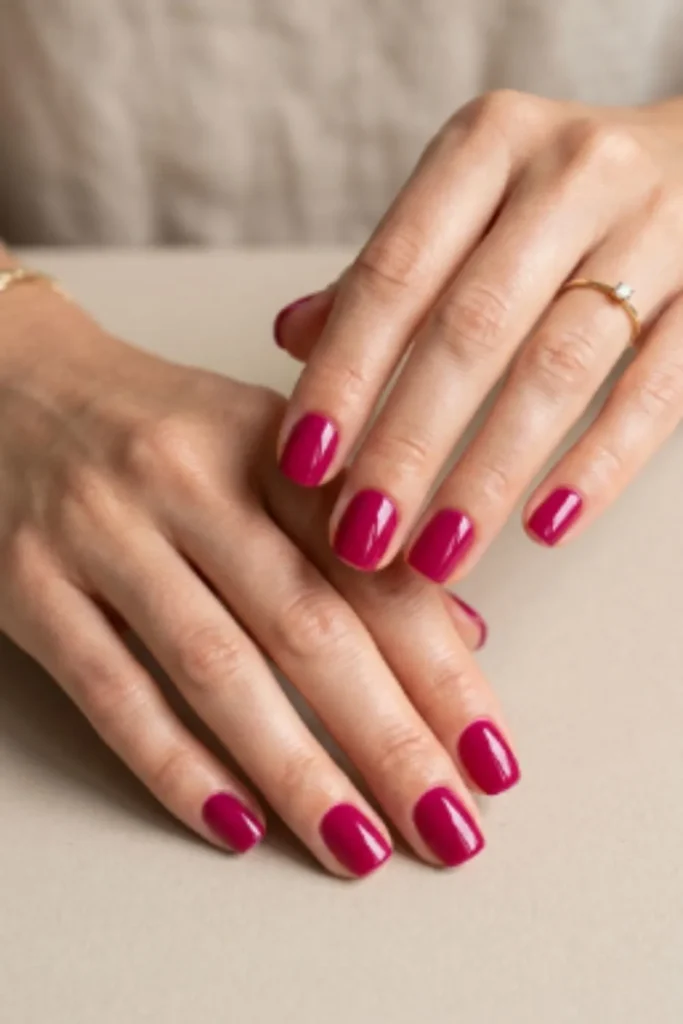 Short squoval nails coated in rich deep fuchsia gel polish with an ultra-glossy mirror finish against a clean neutral background.