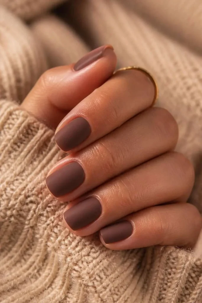 Short natural nails painted in deep nude brown polish with a smooth velvety matte finish for a refined minimalist look.