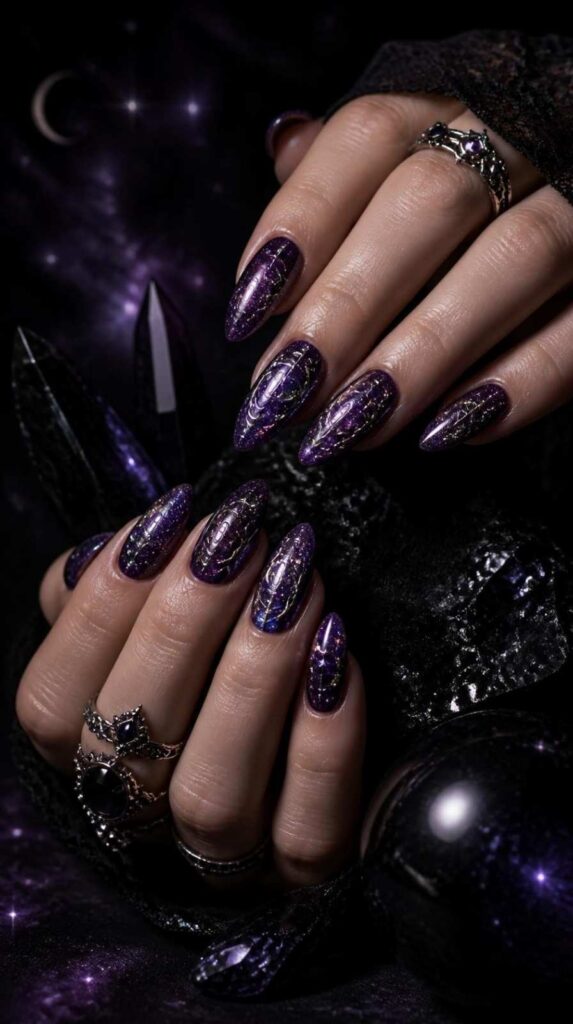 Deep plum gothic acrylic nail designs with shimmering galaxy dust effect on almond nails.