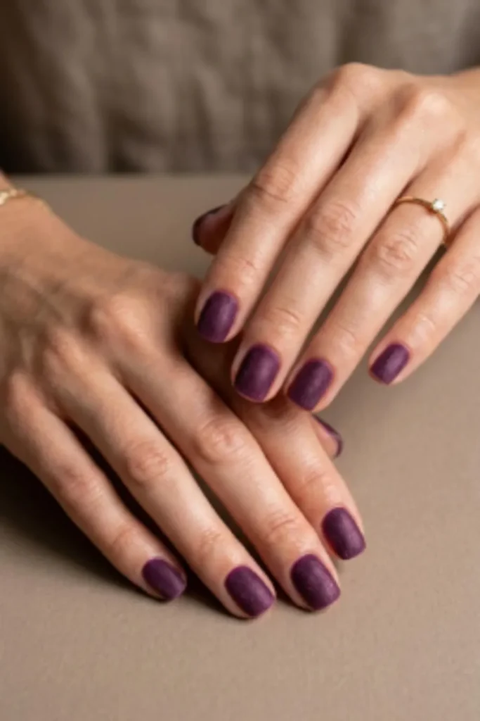 Short rounded nails in deep plum polish with a subtle velvet texture and fine dimensional shimmer.
