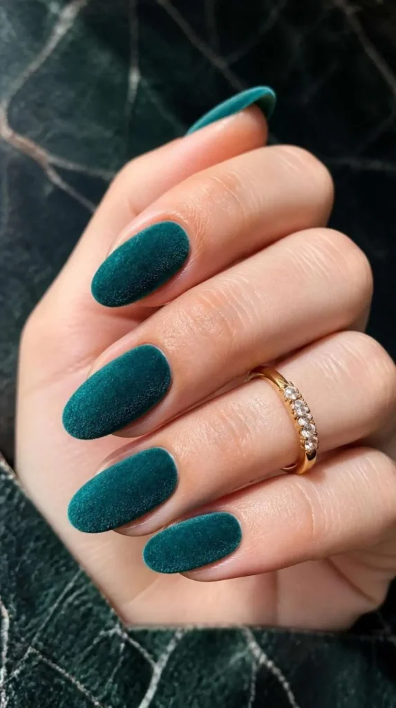 Oval Velvet Gel Nails in deep teal flocking powder with a gemstone-inspired velvet finish on a dark marble background.