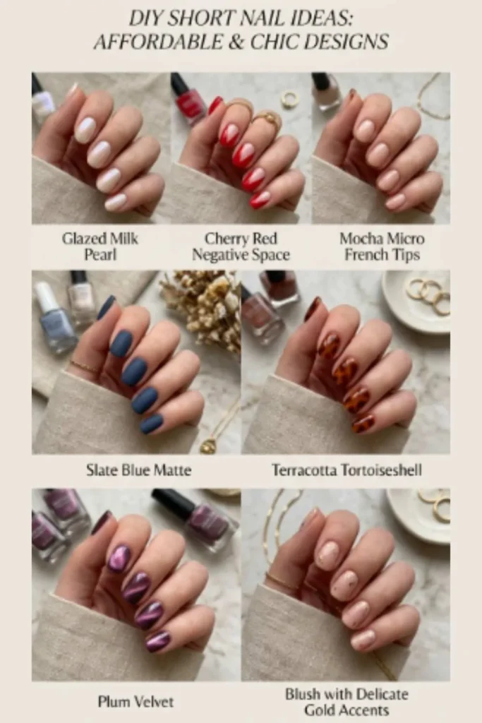 Short nails with glazed pearl, cherry red, mocha French tips, terracotta tortoiseshell, plum velvet, and gold-accent nail designs.
