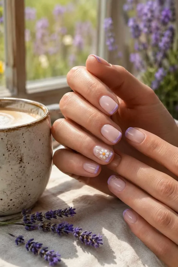 Short rounded nails with dusty lavender French tips and one delicate white daisy accent nail creating a soft floral mismatched manicure.