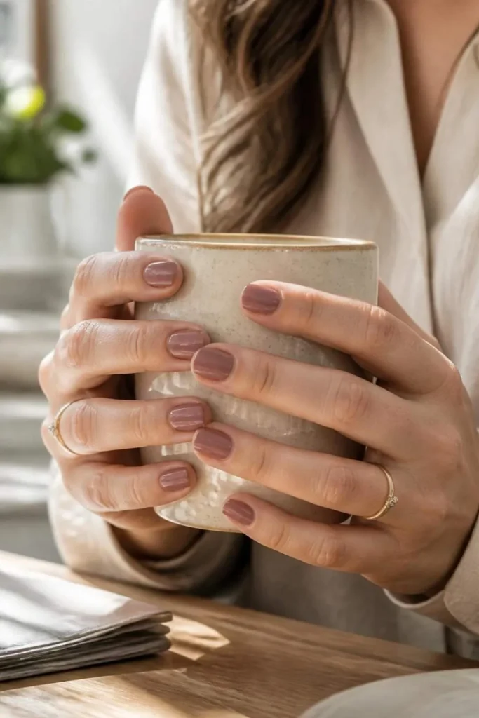 Rounded short professional nails painted in dusty mauve with a soft semi-gloss finish for an elegant everyday manicure.