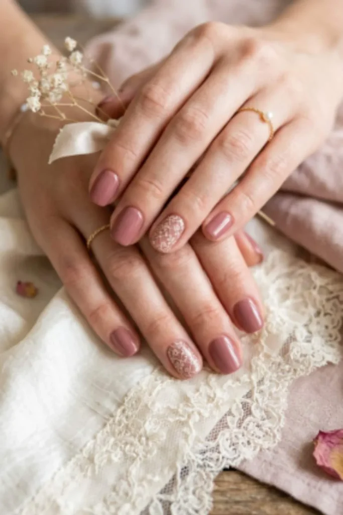 Short dusty rose creme nails with delicate white lace-effect floral stamping on accent nails.