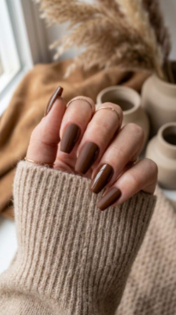 Earthy hazelnut aesthetic brown fall nails featuring a modern matte-to-gloss split finish on each nail.