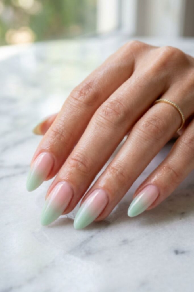 Long square nails painted electric blue with irregular silver foil accents creating a glossy luxury summer manicure.