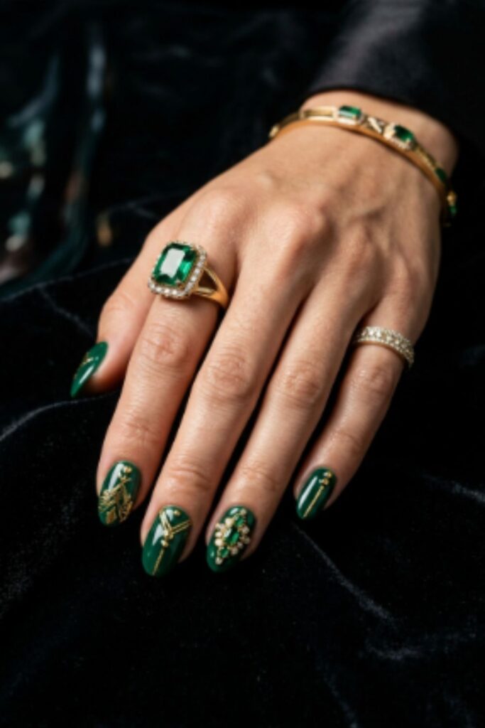 Emerald green manicure with glossy gemstone-inspired polish and gold metallic accents.