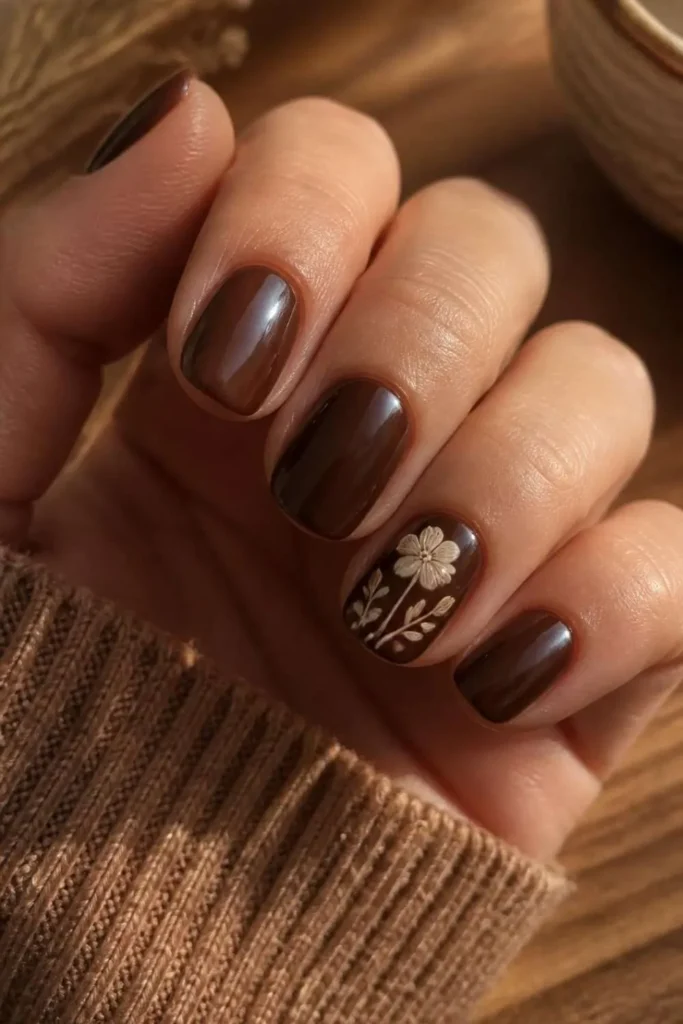 Glossy espresso brown short nails featuring one cream botanical line-art floral accent nail in an elegant mismatched design.