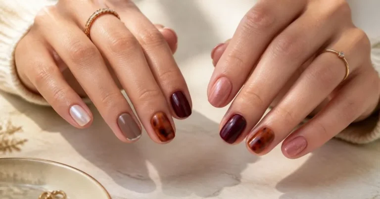 Expensive-looking DIY nail ideas for short nails featuring milky pearl, mocha French tips, plum velvet, terracotta, and dusty rose manicures.
