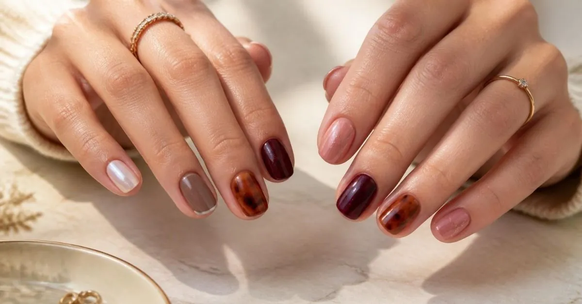 Expensive-looking DIY nail ideas for short nails featuring milky pearl, mocha French tips, plum velvet, terracotta, and dusty rose manicures.