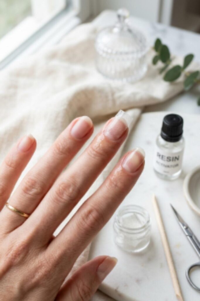 Fiberglass nail wrap kit reinforcing thin peeling nails with lightweight natural-looking nail extensions and strengthening mesh.