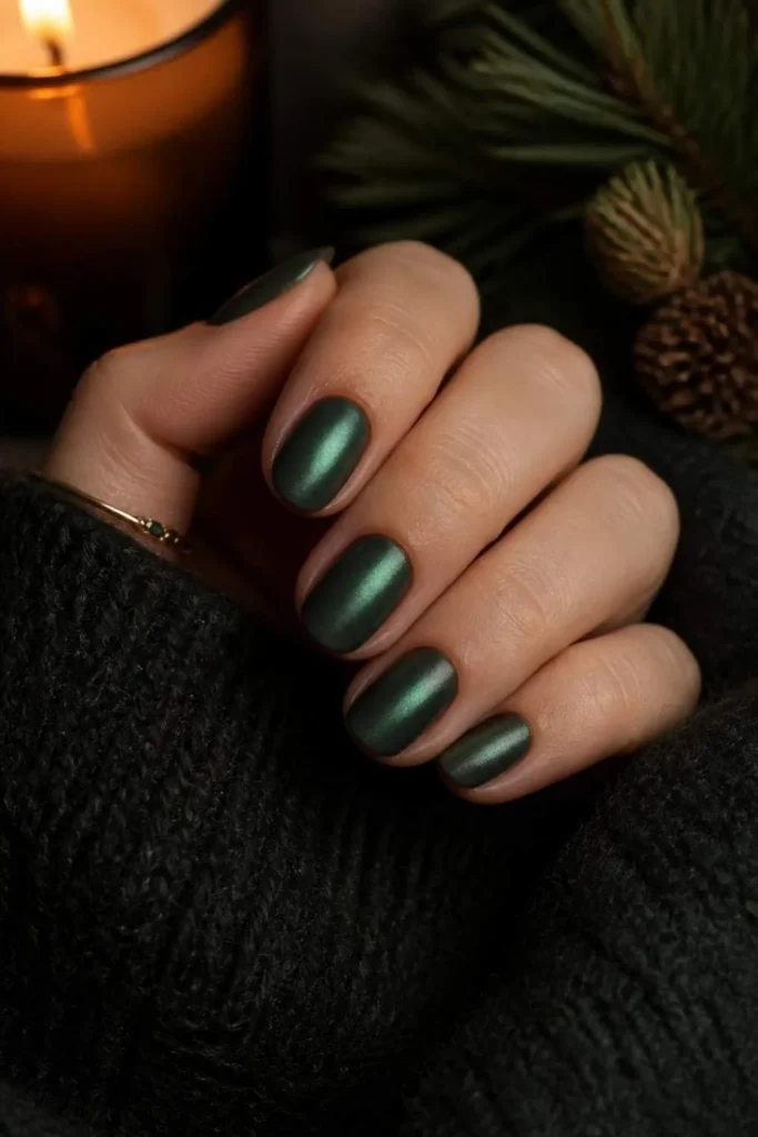 Short almond nails with a dark forest green matte base and reflective emerald chrome accents through the center.