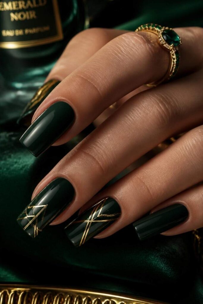 Forest green long acrylic nail inspo with geometric gold detailing