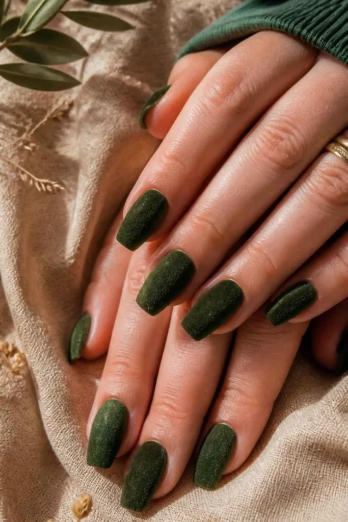 Short coffin Velvet Gel Nails in forest green flocking powder with a rich suede finish on a warm neutral linen background.