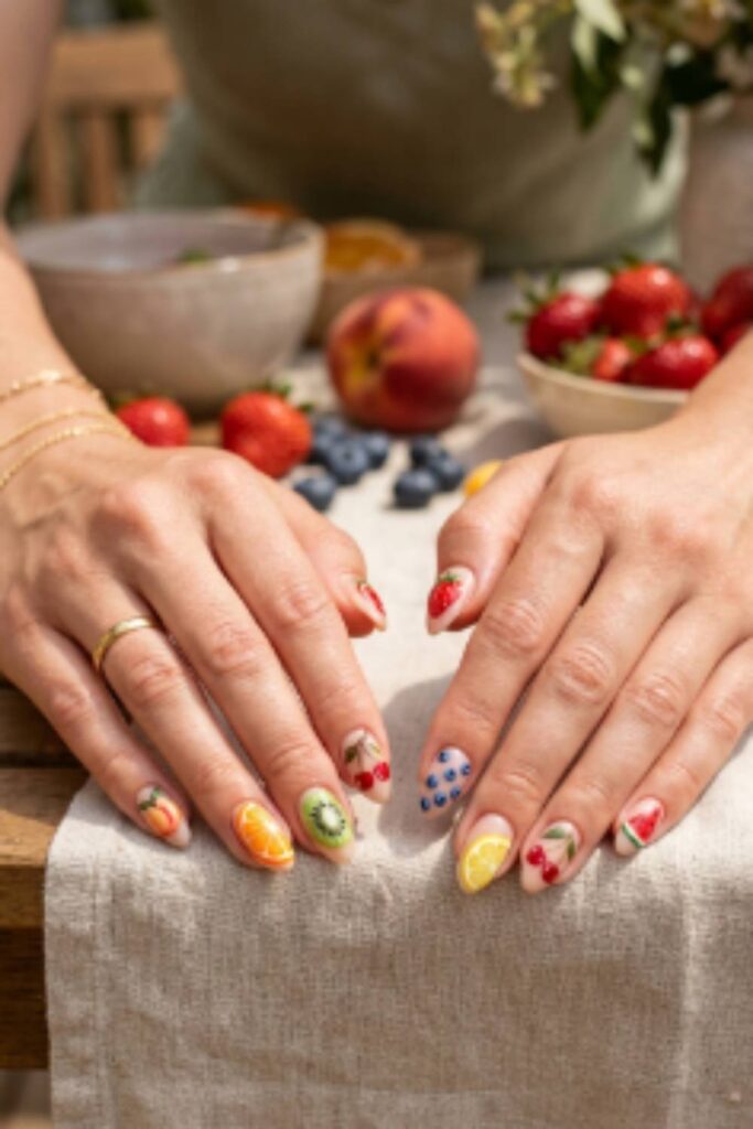 Colorful fruit nail art featuring watermelon, cherries, lemons, strawberries, and citrus-inspired summer designs.