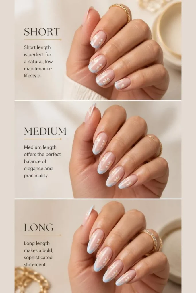 Comparison of short, medium, and long gel manicures featuring stylish summer nail designs.