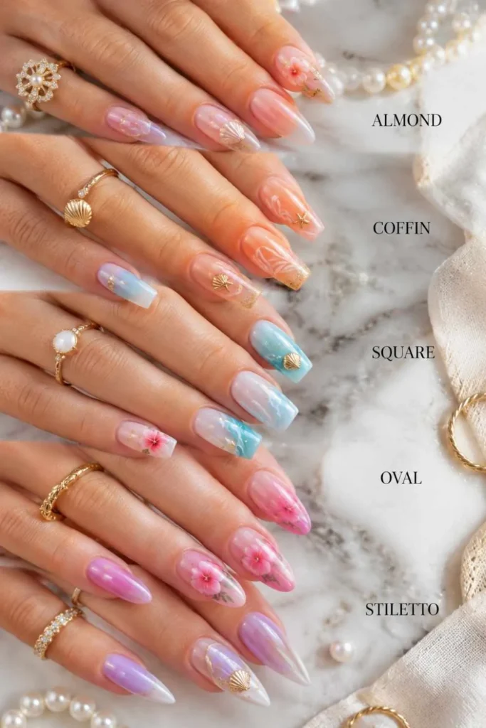 Comparison image showing almond, coffin, square, oval, and stiletto gel nail shapes with trendy designs.