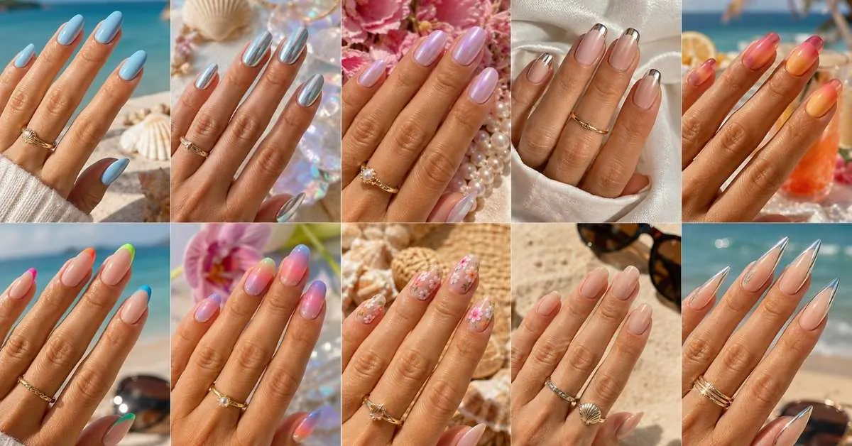 Luxury editorial collage showcasing trendy summer gel nail ideas with chrome, pastel, French, floral, and ombré manicures on different nail shapes.