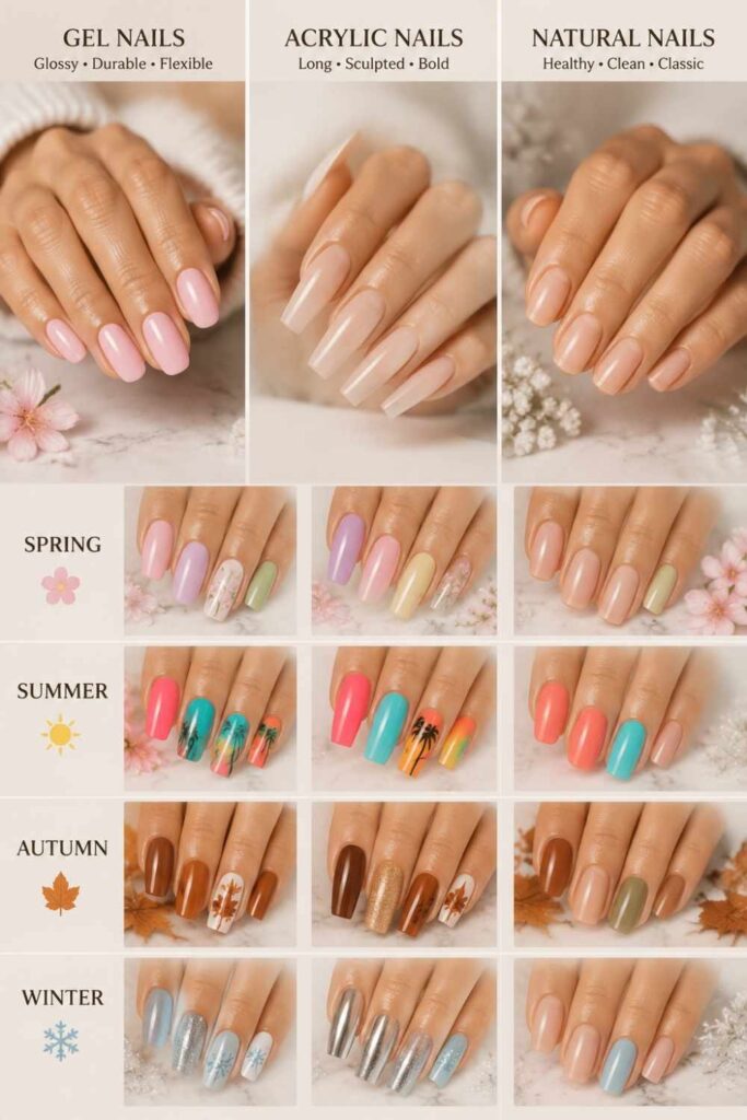 Side-by-side comparison of gel nails, acrylic nails, and healthy natural nails across seasonal manicure styles.