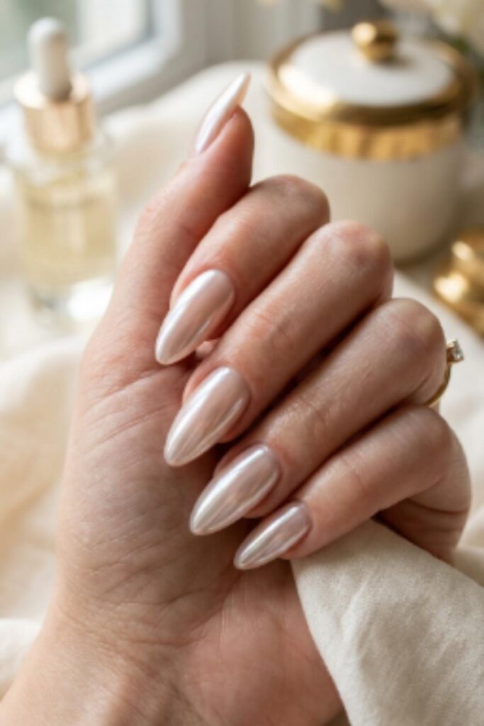 Pearlescent glazed donut chrome Long Nail Designs with glossy nude base and reflective finish.