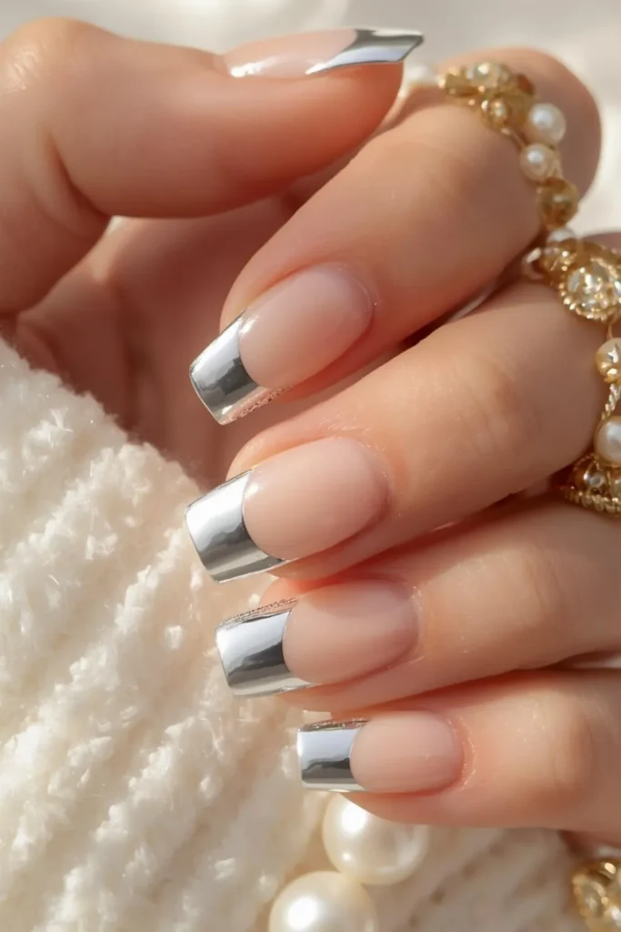 Close-up of glazed donut short french tip nails with a sheer milky nude base and reflective chrome silver tips creating a glossy luxury manicure.