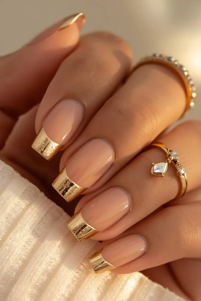 Luxury short french tip nails with warm nude polish and metallic gold foil French tips creating an elegant manicure for weddings and special occasions.