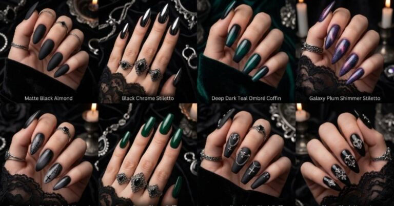 Luxury beauty collage featuring trendy gothic acrylic nail designs in matte black, chrome, coffin, almond, and stiletto styles for 2026.