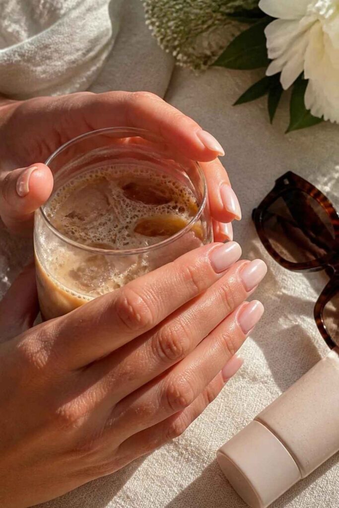 Healthy natural short nails with glossy nude polish styled in a bright summer lifestyle scene promoting low-maintenance nail beauty.
